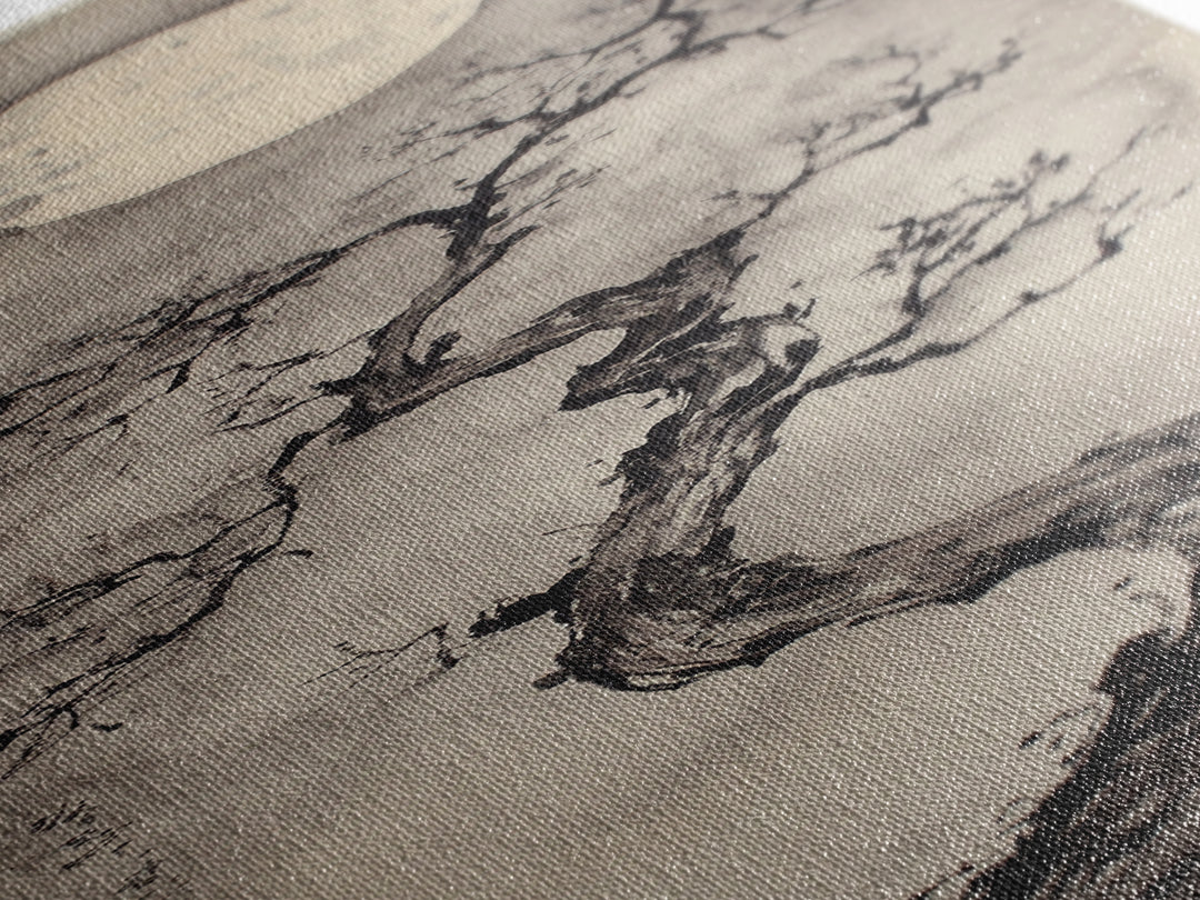 Canvas Print Moon and Tree Painting, Mystical Wabi Sabi Wall Art, Japanese-Inspired Rustic Decor, Above Bed Wall Art Gift Him