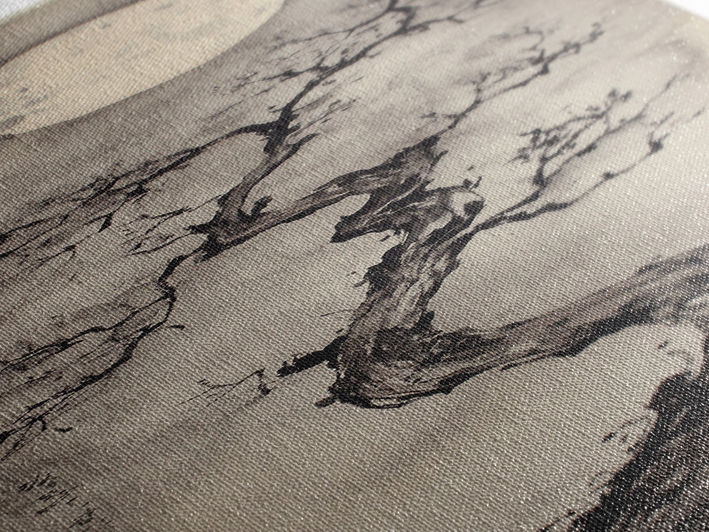 Canvas Print Moon and Tree Painting, Mystical Wabi Sabi Wall Art, Japanese-Inspired Rustic Decor, Above Bed Wall Art Gift Him