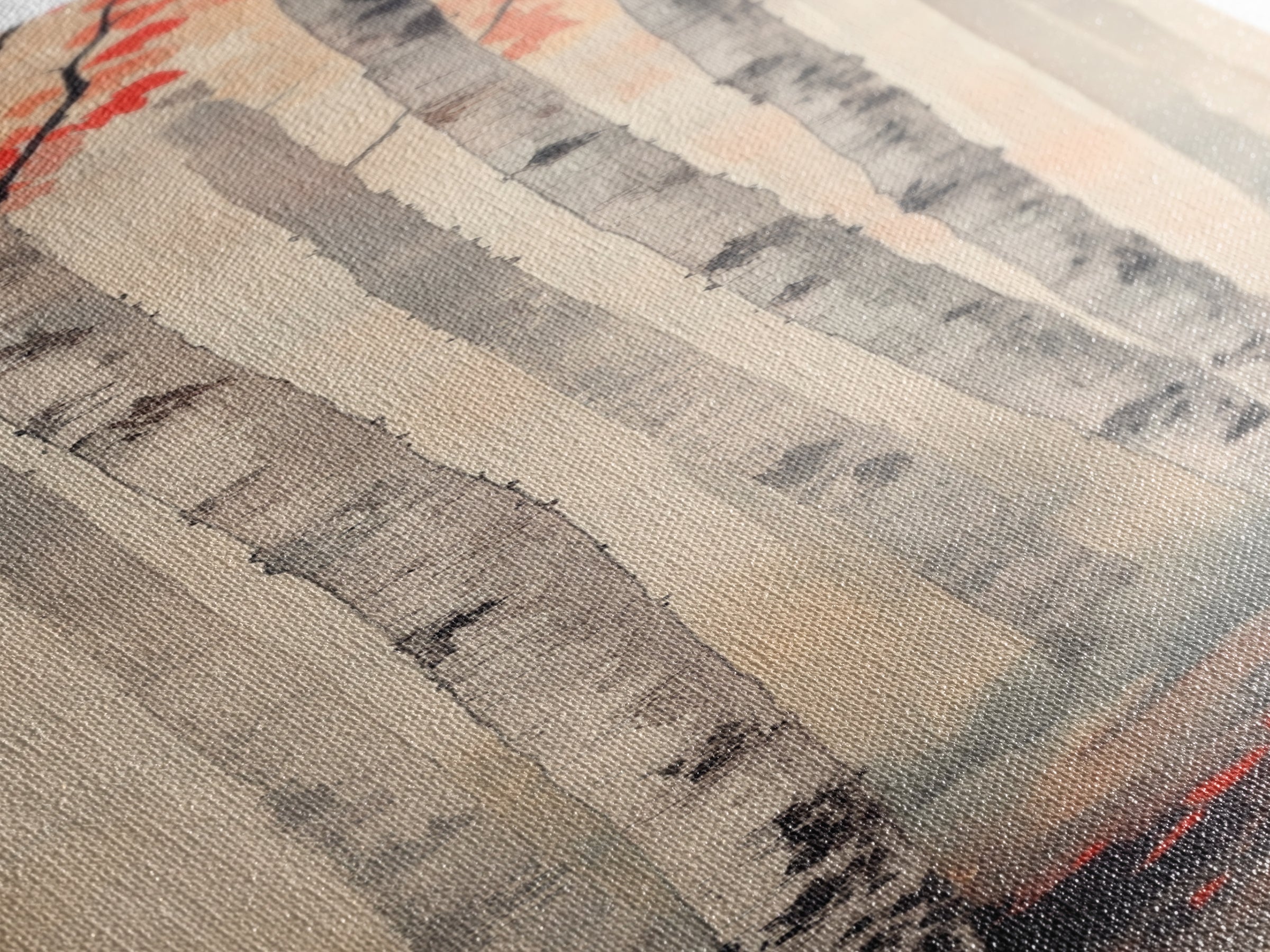 Birch Trees and Red Leaves Framed Canvas Print – Fall Vibes, Rustic Wall Art, Birch Tree Art, Cozy Autumn Theme, Living Room Art, Above Couch Decor