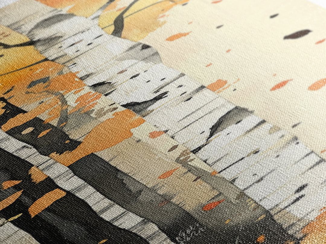 Autumn Forest Path Framed Canvas Print – Cozy Fall Art, Rustic Wall Art, Birch Tree Painting, Skinny Wall Art, Bedroom Wall Art, Autumn Decor