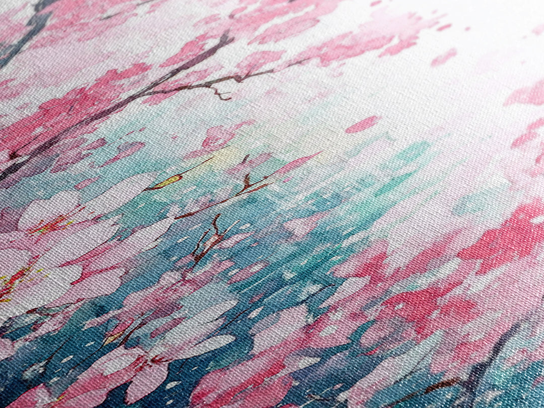 Blooming Pink Sakura Flowers Art - Framed Canvas Print for Japanese Decor, Cherry Blossom Art, Botanical Wall Decor, Pink Floral Painting