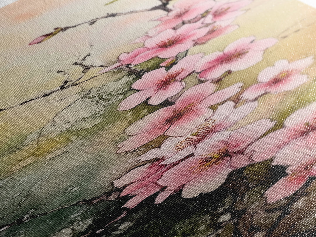 Blooming Pink Cherry Blossoms Art - Framed Canvas Print for Japanese Wall Art, Botanical Decor, Spring Bloom Painting, Nature-Inspired Print