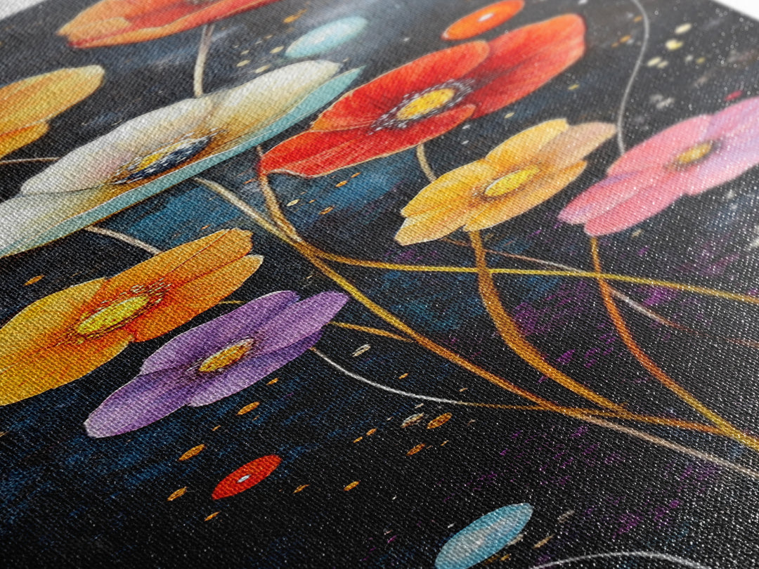 Abstract Poppy Garden Scene - Framed Canvas Print Showcasing Whimsical Florals on Dark Blue Background for Moody Decor