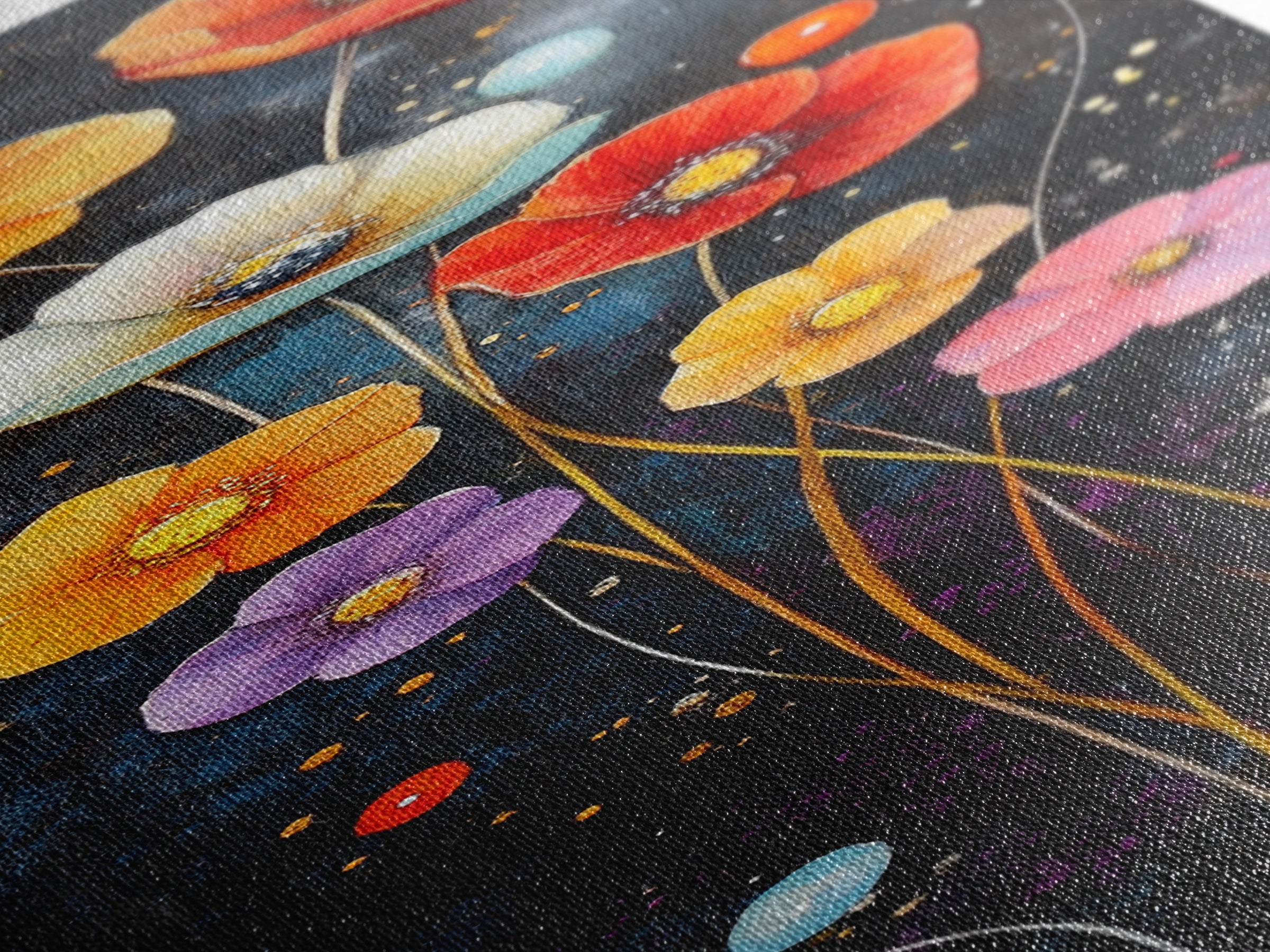 Abstract Poppy Garden Scene - Framed Canvas Print Showcasing Whimsical Florals on Dark Blue Background for Moody Decor