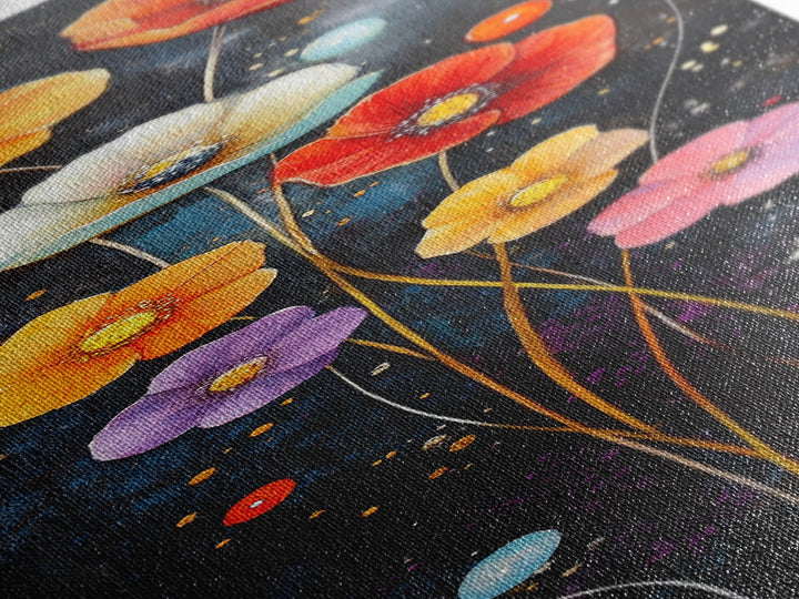 Abstract Poppy Garden Scene - Framed Canvas Print Showcasing Whimsical Florals on Dark Blue Background for Moody Decor