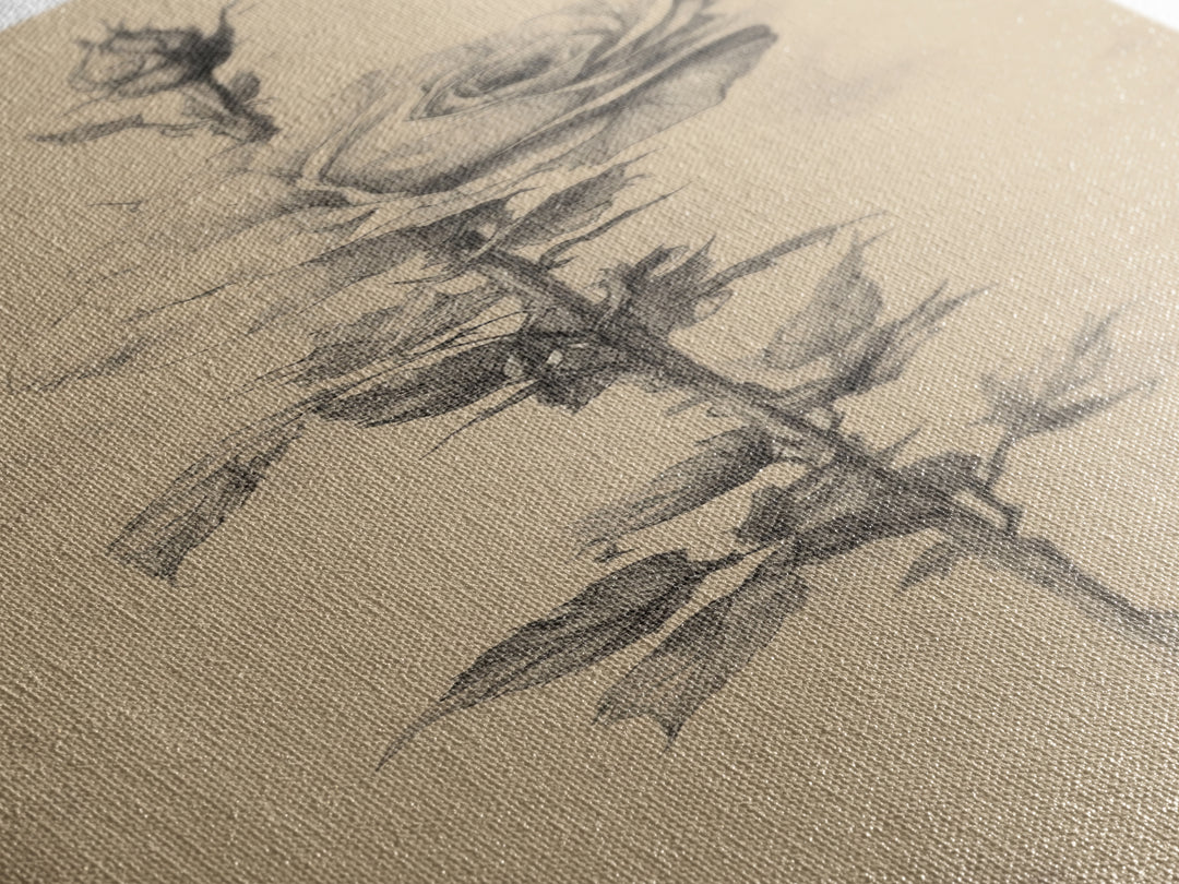 Black and White Sketch of a Rose, Framed Canvas Print, Narrow Art, Tall Skinny Art, Flower Painting, Paint of a Rose, Floral Prints