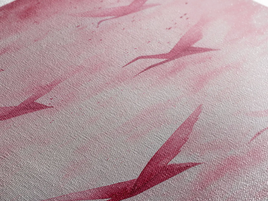 Crane Flight Canvas Print, ethereal origami bird painting in pink abstract hues, tall narrow wall art with zen minimalist aesthetic.