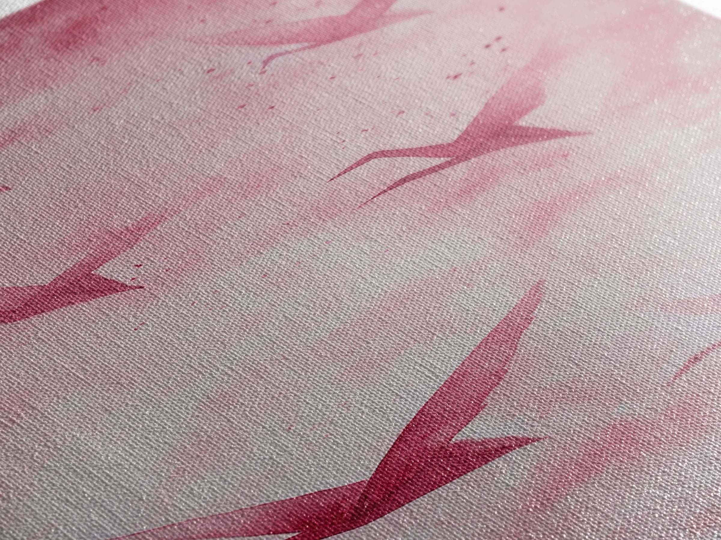 Crane Flight Canvas Print, ethereal origami bird painting in pink abstract hues, tall narrow wall art with zen minimalist aesthetic.