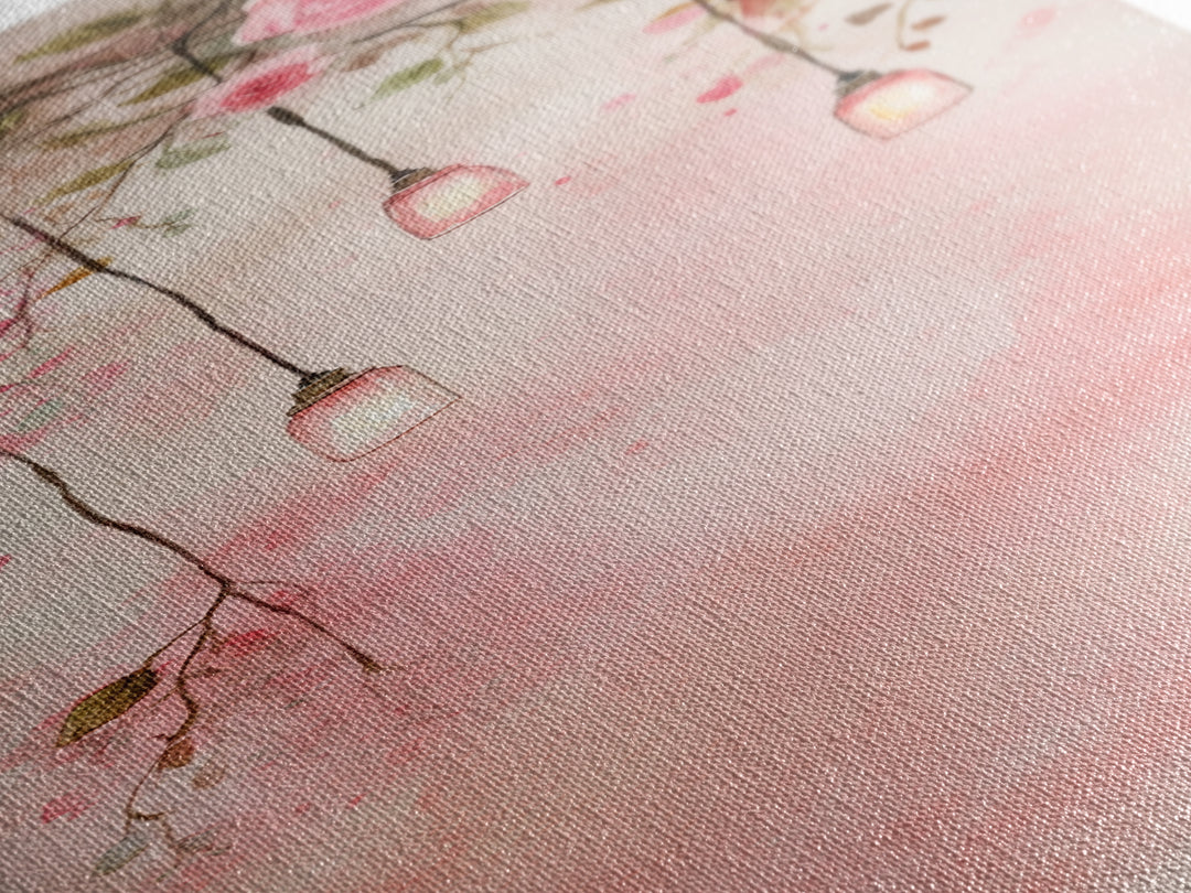 Rose Lantern Canvas Print, romantic floral and hanging lanterns painting with soft pink tones, whimsical boho wall art for bedroom decor.