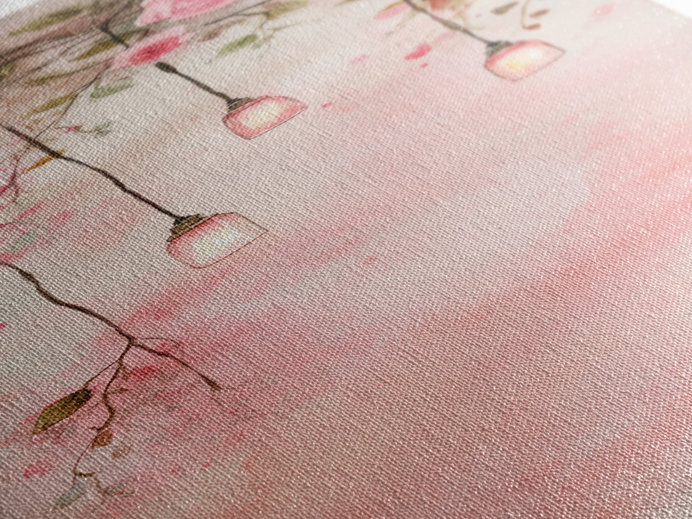 Rose Lantern Canvas Print, romantic floral and hanging lanterns painting with soft pink tones, whimsical boho wall art for bedroom decor.