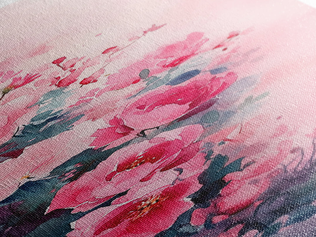 Romantic Rose Painting Framed Canvas Print with Light Pink Wall Art Featuring Cherry Blossom Details and Cozy Bedroom Decor Accents