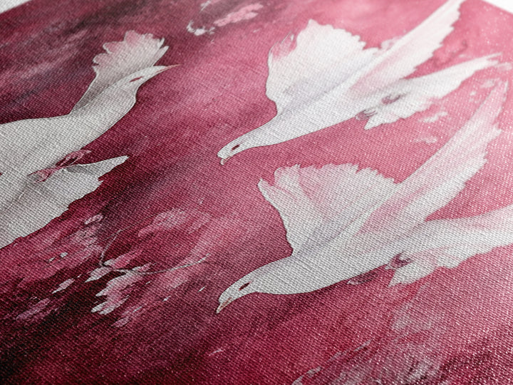 White Doves Canvas Print - Angel Art Prints on Burgundy Background, Symbolic Bird Art, Light Pink Abstract Vertical Wall Decor