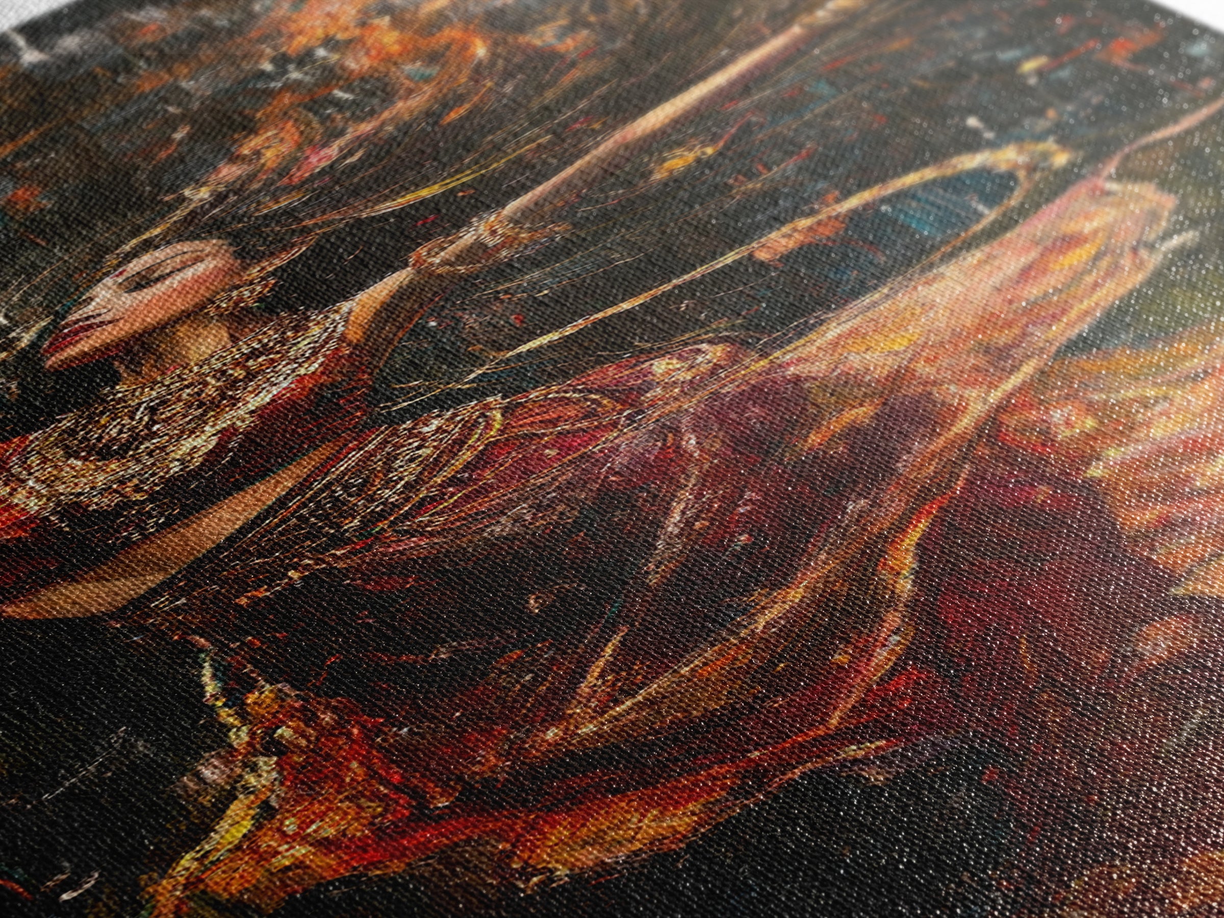 Dancing Woman Framed Canvas Print, Fiery Dark Romance Painting, Original Vertical Art for Bold Bedroom or Statement Living Room Decor