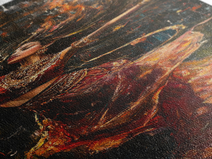 Dancing Woman Framed Canvas Print, Fiery Dark Romance Painting, Original Vertical Art for Bold Bedroom or Statement Living Room Decor