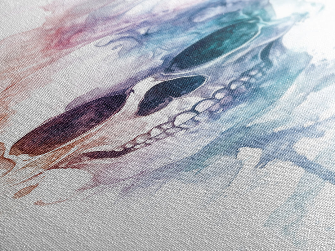 Skull Art Framed Canvas Print in Ethereal Watercolor Design, Halloween Decor and Moody Wall Art with Rustic Aesthetic Appeal