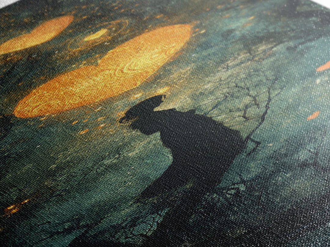 Mystical Heart Silhouette Canvas Print with Starry Night Forest, Moody Wall Art Gift Idea in Whimsical Romantic Style