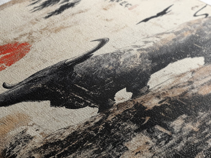 Rustic Buffalo Art Canvas Print, Wabi Sabi Minimalist Decor, Red Sun Vertical Art, Farmhouse Living Room Rustic Wall Artwork