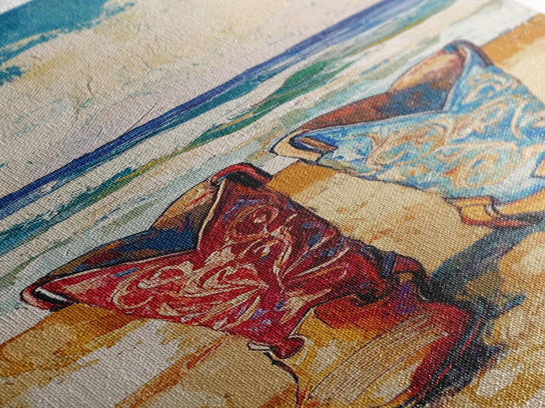 Coastal Cowgirl Boots Canvas Print, Vibrant Red and Blue Cowboy Boots on Beach with Ocean Waves, Coastal Wall Art, Nautical Decor, Gift Idea