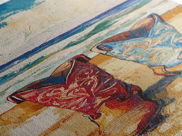 Coastal Cowgirl Boots Canvas Print, Vibrant Red and Blue Cowboy Boots on Beach with Ocean Waves, Coastal Wall Art, Nautical Decor, Gift Idea