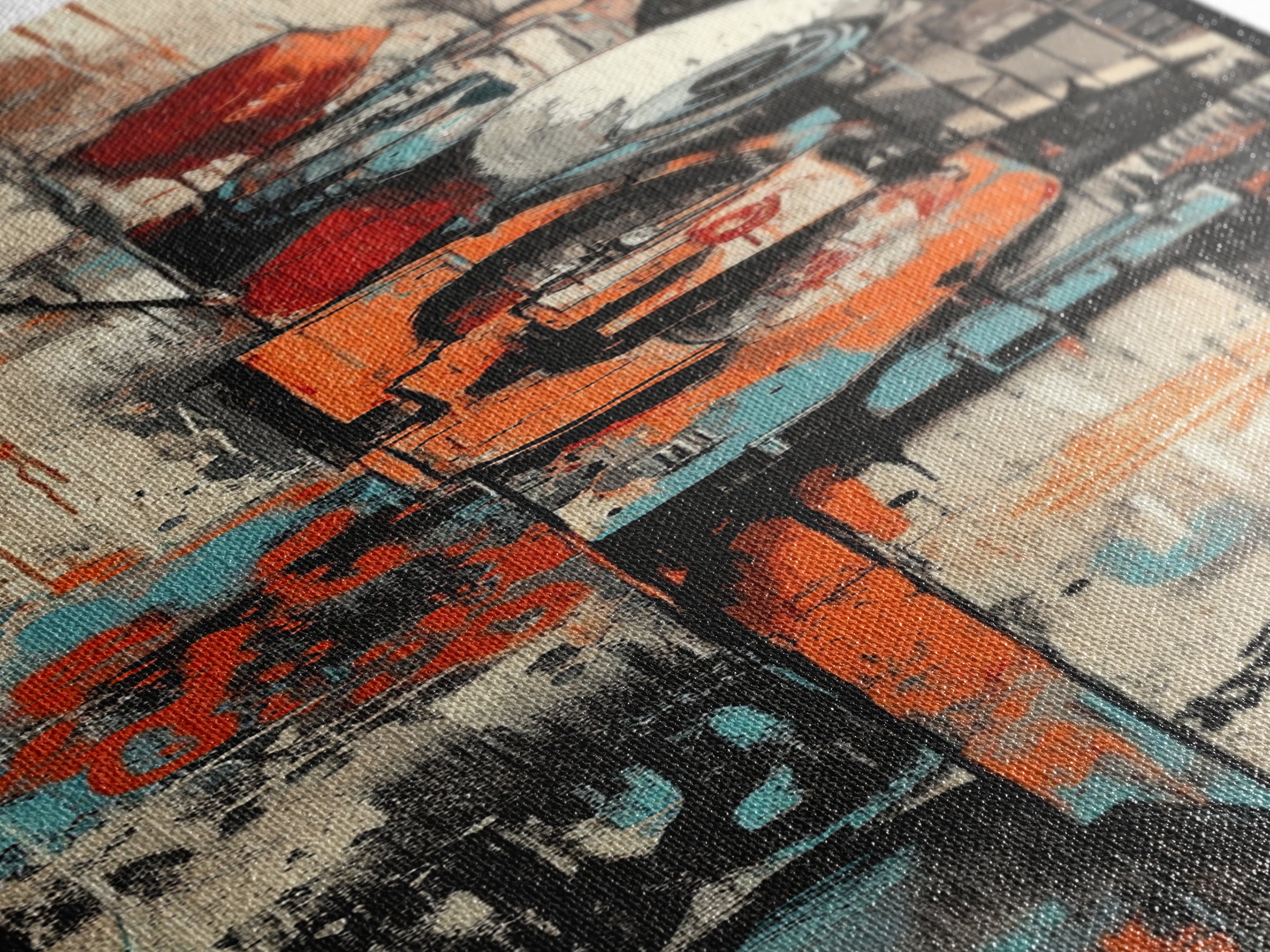 Urban Graffiti Canvas Print with Orange and Teal Accents, Long Narrow Wall Art for Contemporary Home or Living Room Decor