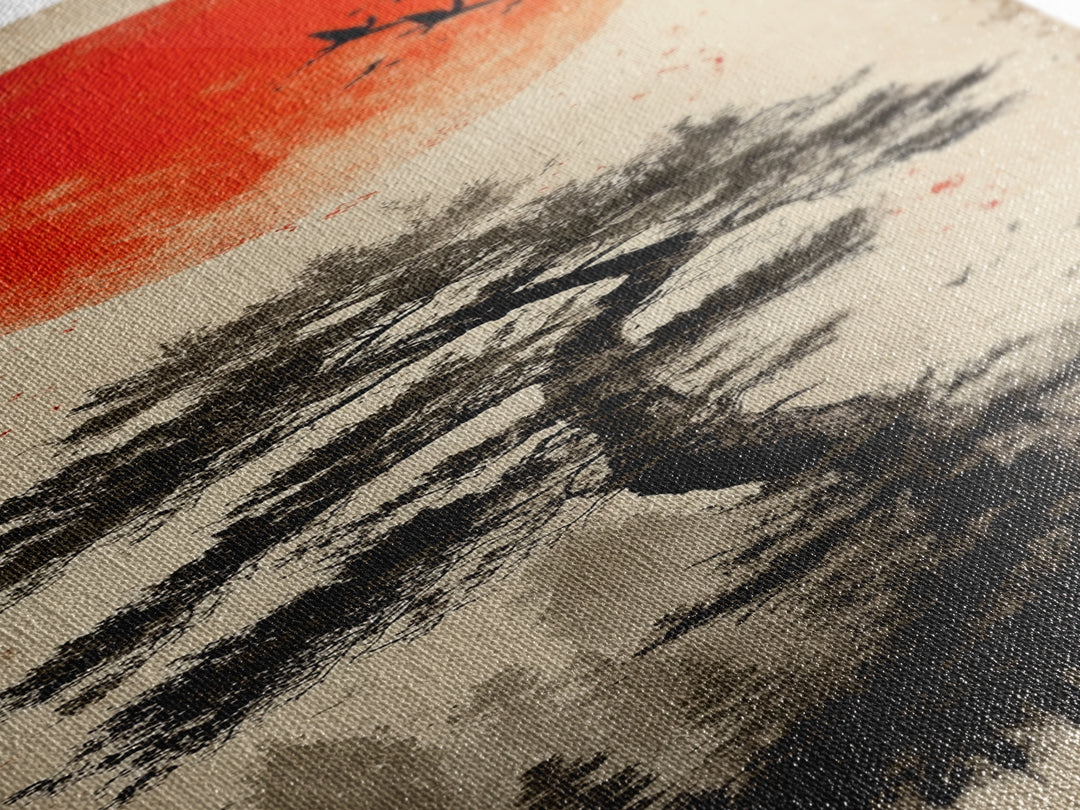 Bold Red Sun Pine Tree Framed Canvas Print Japanese Inspired Minimalist Wall Art Rustic Zen Decor Unique Vertical Nature Artwork