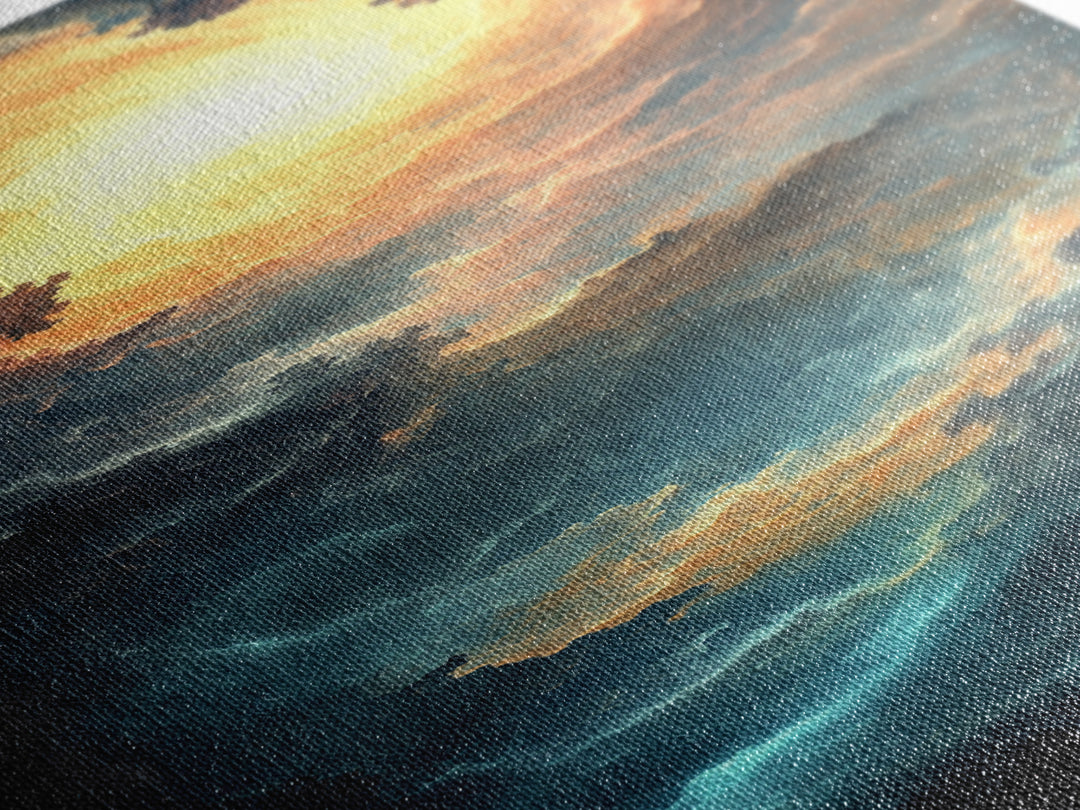 Celestial Abstract Landscape Framed Canvas Print Moody Horizontal Wall Art Blue and Gold Living Room or Bedroom Decor