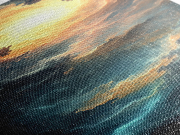 Celestial Abstract Landscape Framed Canvas Print Moody Horizontal Wall Art Blue and Gold Living Room or Bedroom Decor