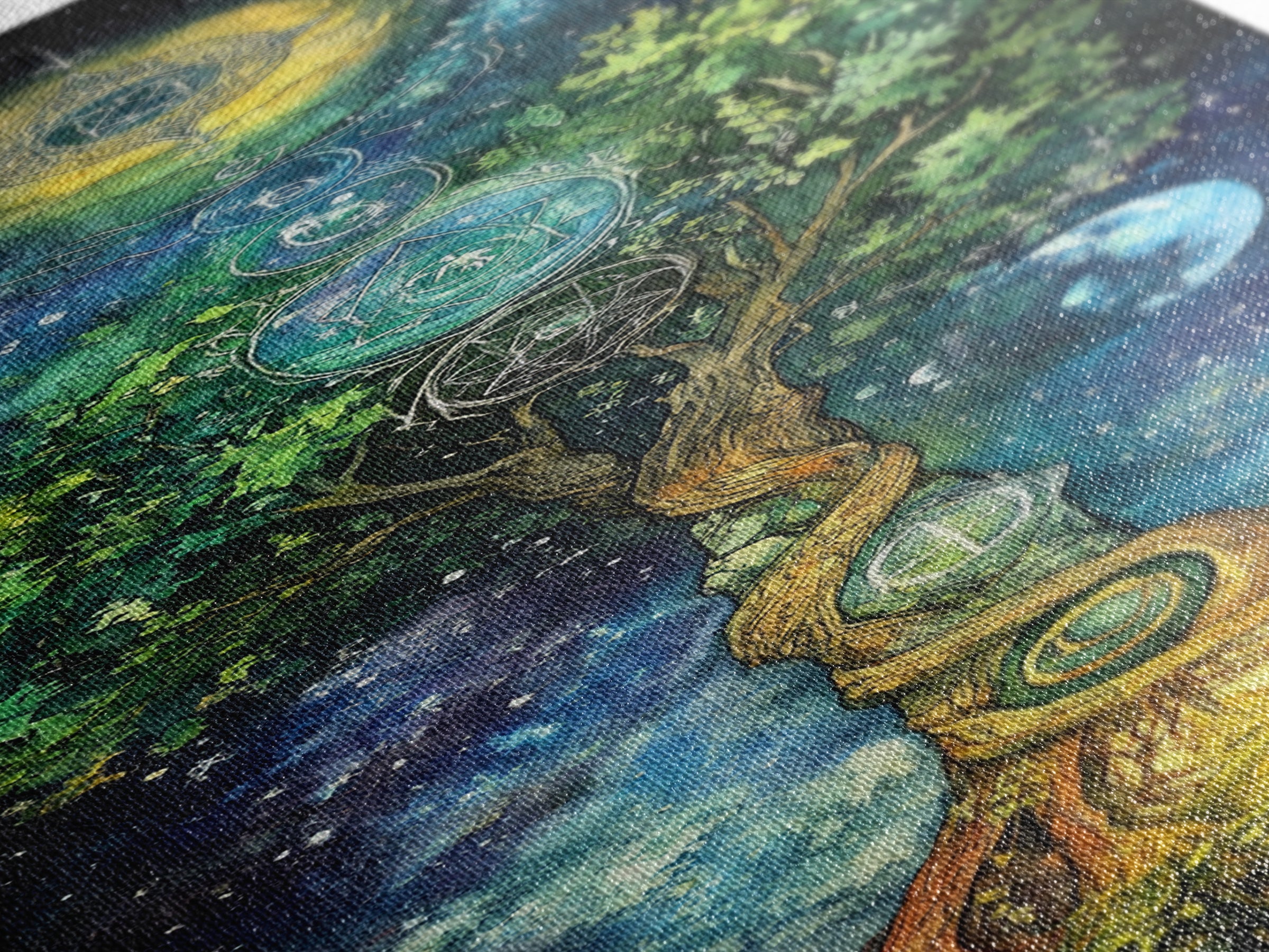 Celestial Tree Canvas Print With Cosmic Sacred Geometry Art, Whimsical Night Sky Scene, Panoramic Art Ideal Above Sofa Wall Decor