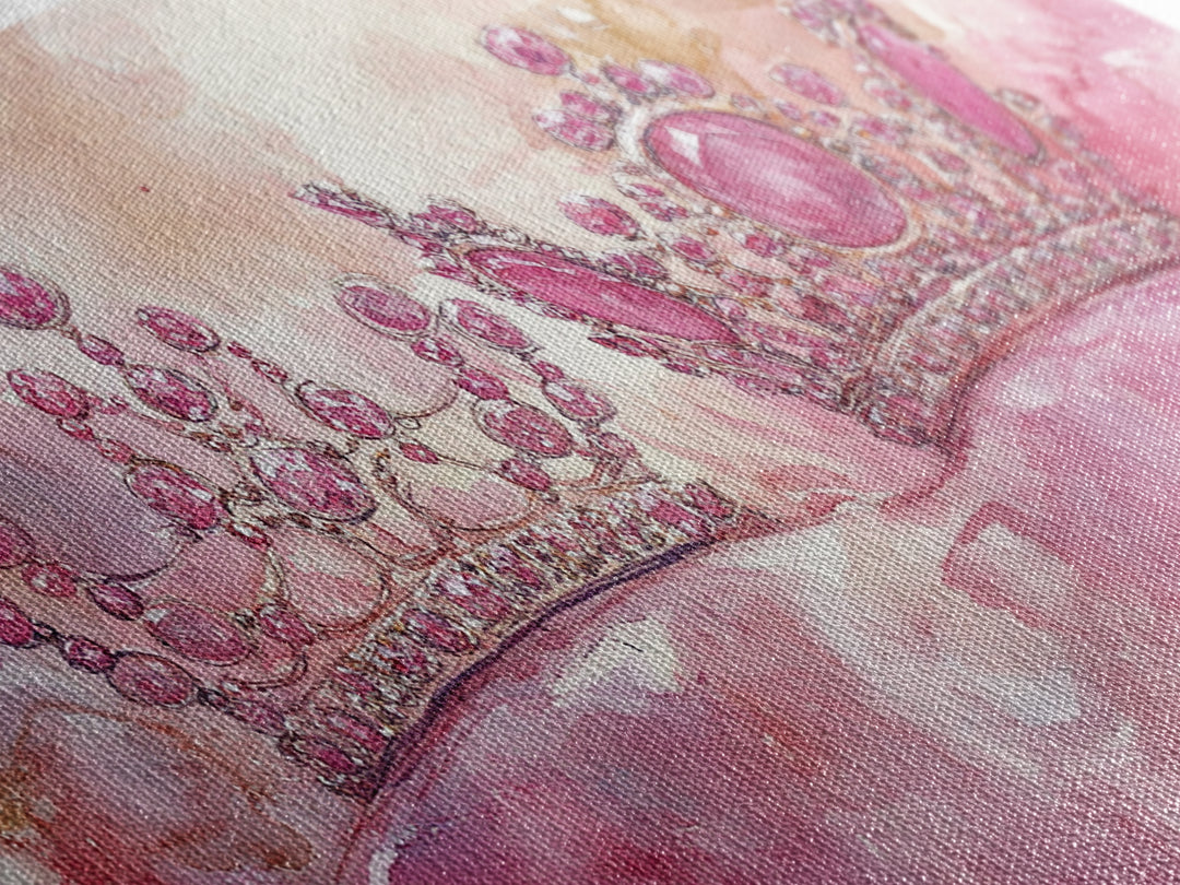 Royal Crown Canvas Print, Pink Jewel Artwork, Glamorous Feminine Style, Bedroom Wall Decor, Princess Themed Whimsical Art Gift Idea