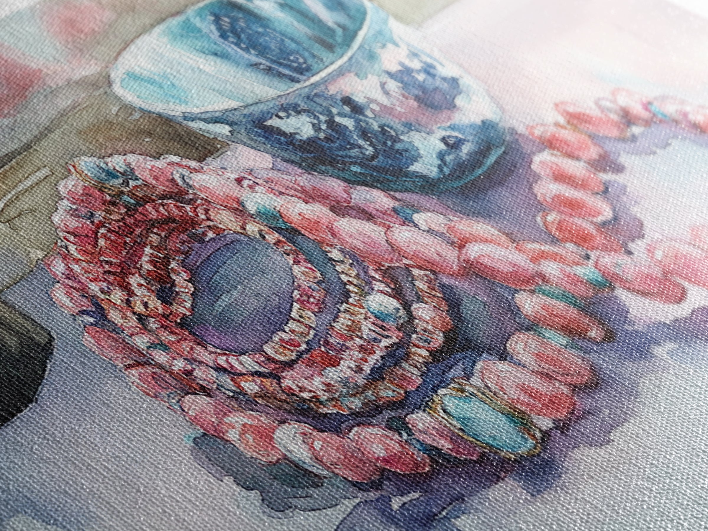 Beaded Necklace Canvas Print | Whimsical Boho Jewelry Wall Art | Pink and Blue Pastel Artwork | Feminine Room Decor | Gift Idea for Her