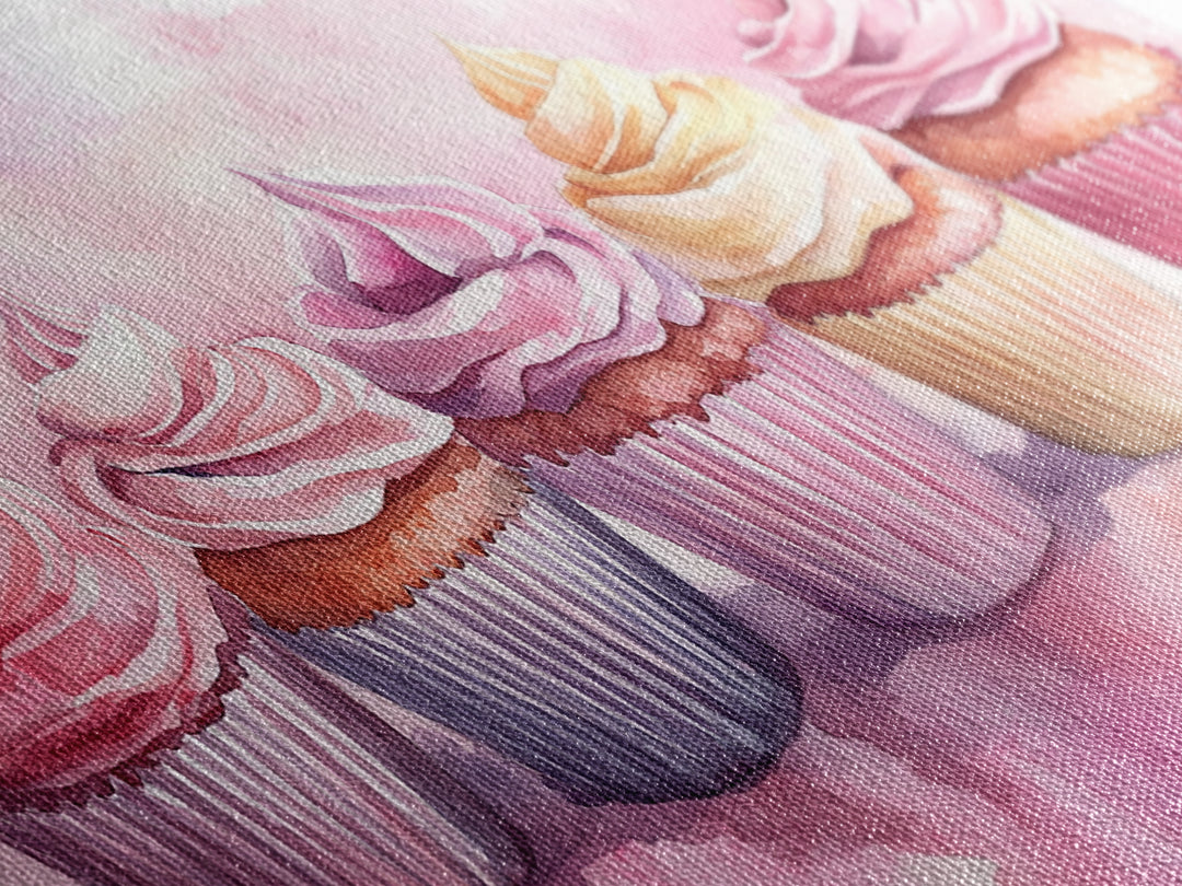 Cupcake Row Canvas Print | Whimsical Sweet Treats Wall Art | Kitchen Dessert Artwork | Pastel Food Lover's Decor | Light Pink Whimsical Art