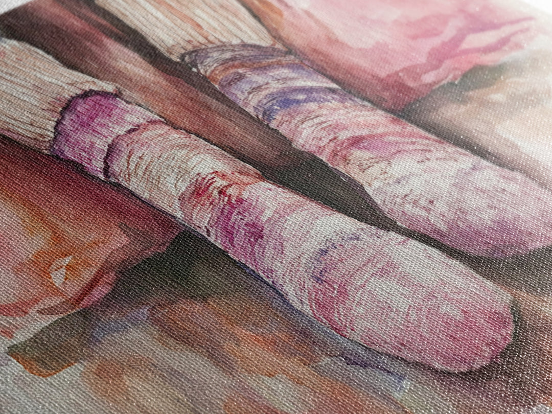 Cozy Socks Canvas Print, Rustic Light Pink and Warm Toned Painting, Whimsical Art as Fall Decor for Bedroom or Lounge Area