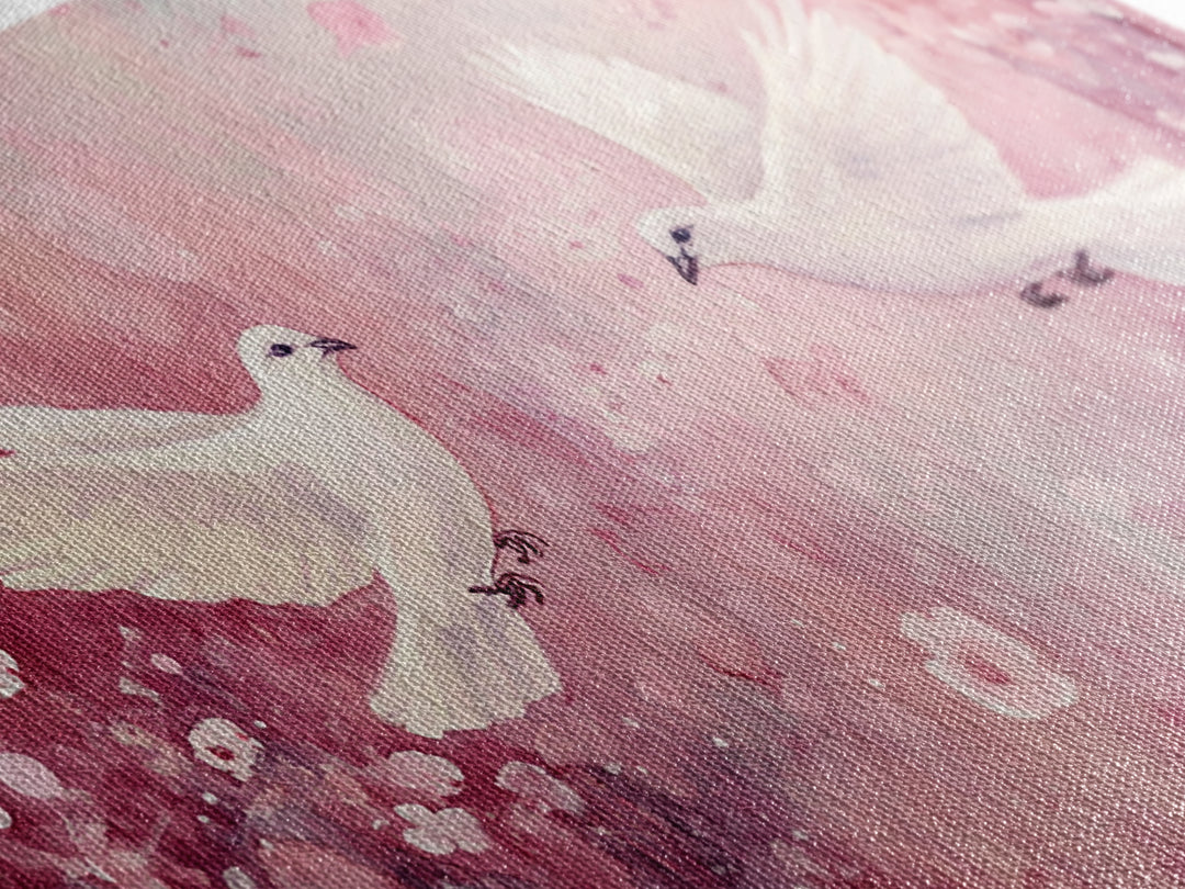 Romantic Doves Framed Canvas Print, Whimsical Pink and White Wall Art, Cherry Blossom Painting, Bedroom or Living Room Gift Idea