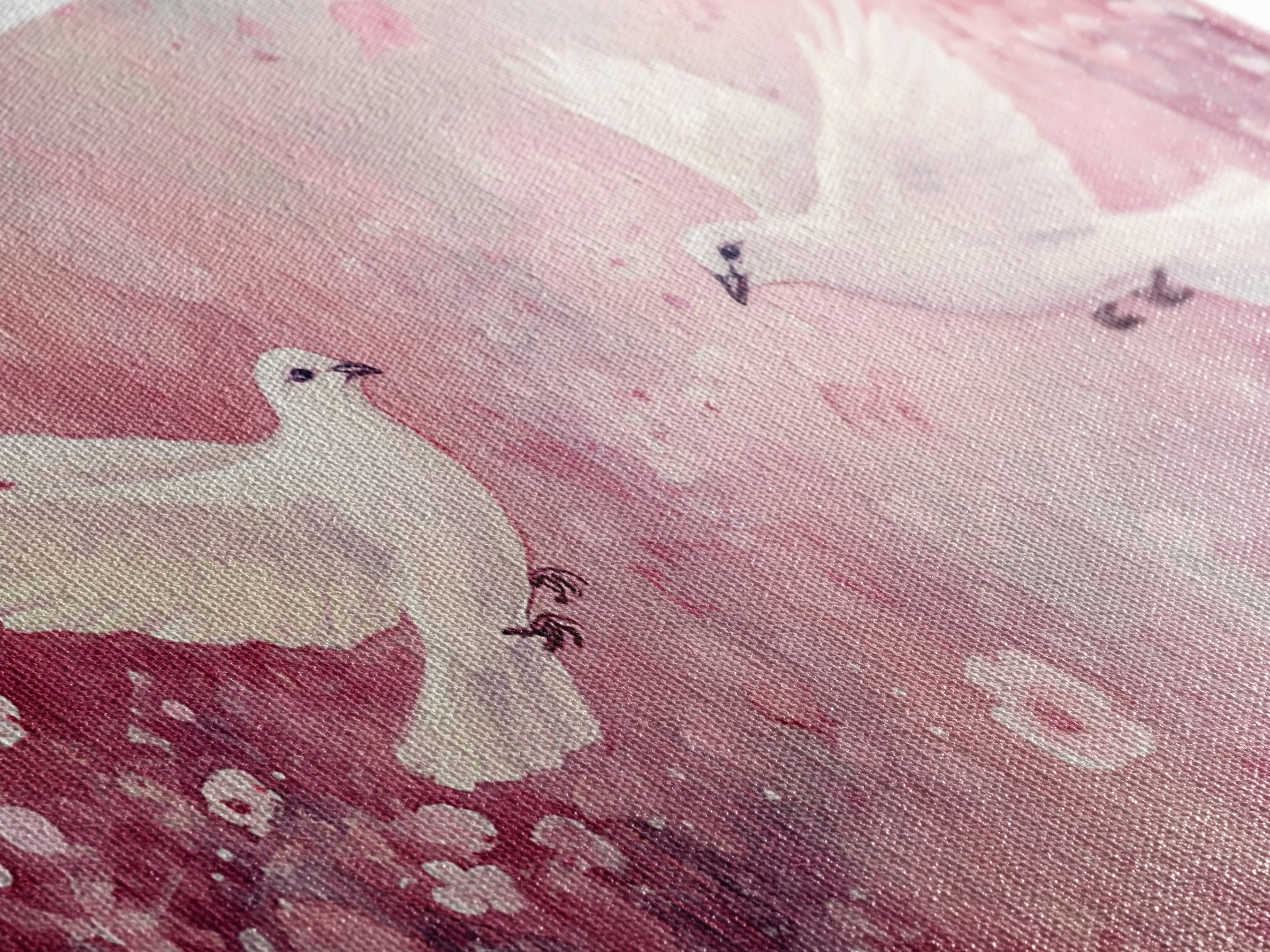 Romantic Doves Framed Canvas Print, Whimsical Pink and White Wall Art, Cherry Blossom Painting, Bedroom or Living Room Gift Idea