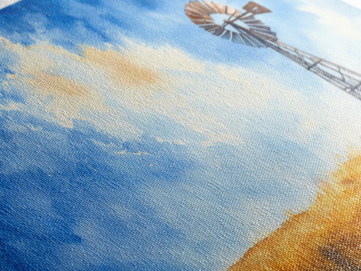 Bright Blue Sky Windmill Framed Canvas Print Rustic Farmhouse Art Horizontal Artwork Ideal Above Sofa Unique Living Room Wall Decor