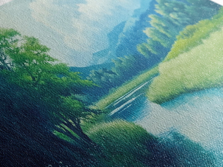 Canvas Print of Serene Green Valley and River Landscape, Rustic Wall Art, Gift Idea for Nature Lovers and Rustic Home Decor