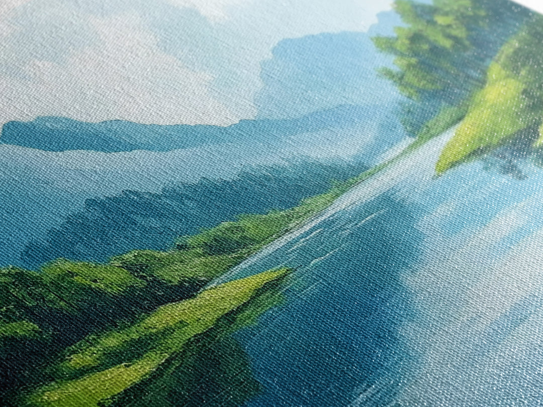 Blue Landscape Framed Canvas Print, Smoky Mountain Art Above Sofa Decor, Coastal Painting Gift Idea Living Room Horizontal Wall Art