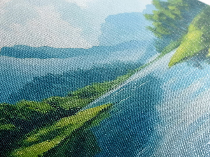 Blue Landscape Framed Canvas Print, Smoky Mountain Art Above Sofa Decor, Coastal Painting Gift Idea Living Room Horizontal Wall Art