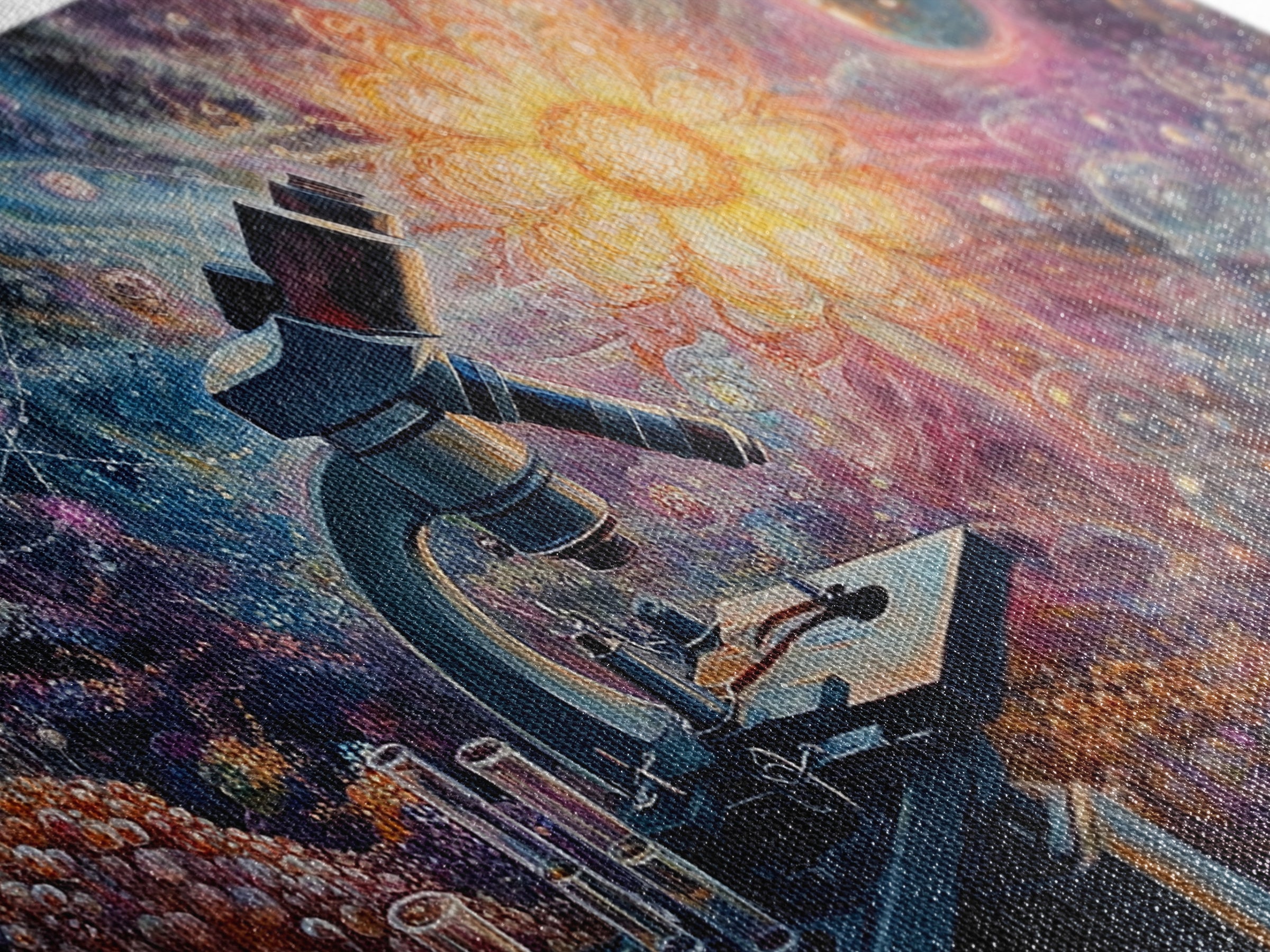 Zen Science Art Framed Canvas Print, Molecular Cosmos Microscope Painting, Moody Therapy Wall Decor, Above Sofa Living Room Art