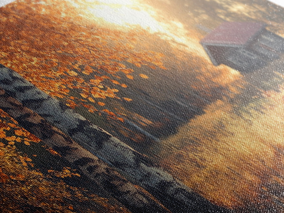 Cozy Autumn Cabin Framed Canvas Print with Fall Landscape Painting and Farmhouse Art Above Couch Art Living Room Rustic Decor