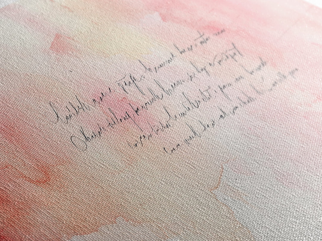 Romantic Calligraphy Canvas Print with Pink Abstract Art, Minimalist Wabi Sabi Aesthetic, Bedroom or Living Room Horizontal Wall Art