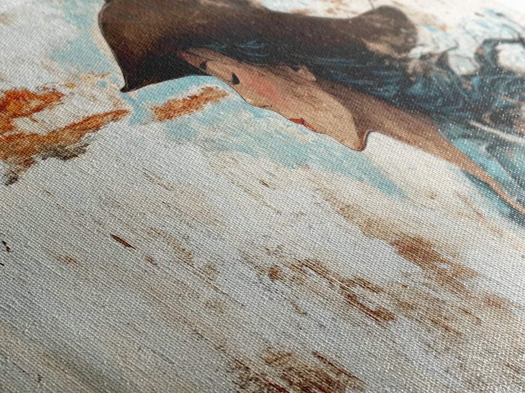 Blue Cowgirl Canvas Print Rustic Western Painting Farmhouse Art Wabi Sabi Artwork Guest Room Decor Extra Wide Wall Art