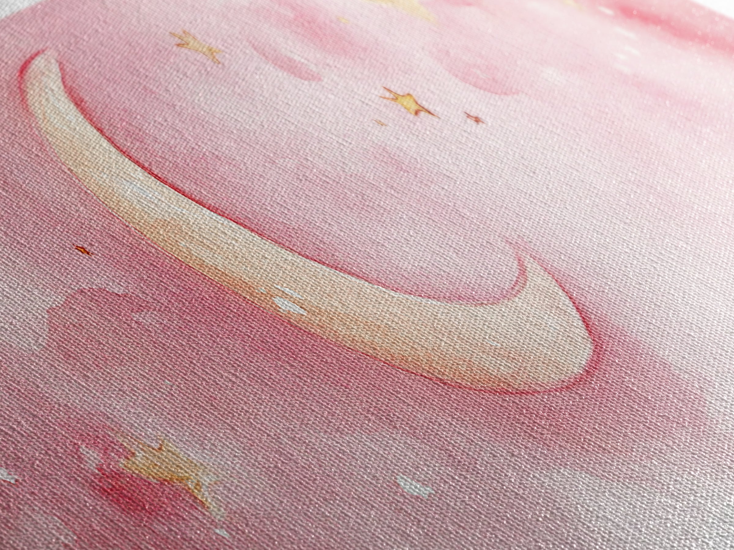 Crescent Moon with Stars Painting, Canvas Print, Light Pink Whimsical Wall Art, Nursery Aesthetic Artwork, Minimalist Cozy Decor