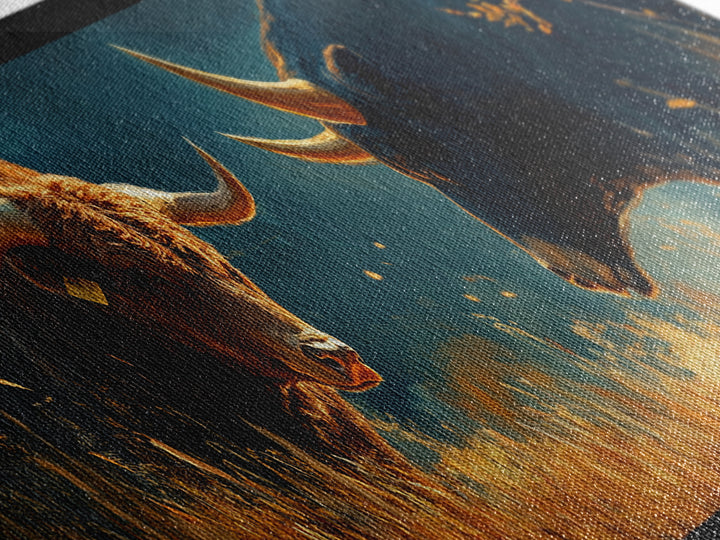 Rustic Bull Showdown Canvas Print - Dramatic Autumn Landscape Art, Industrial Wall Decor, Moody Living Room Accent, Gift Idea For Him