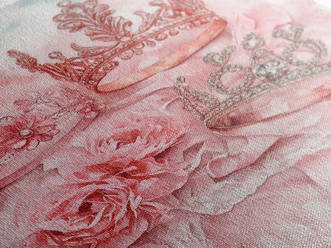 Elegant watercolor crowns and roses painting, framed canvas print, rose painting, goddess art print, chic pink wall art for living room