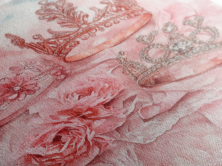 Elegant watercolor crowns and roses painting, framed canvas print, rose painting, goddess art print, chic pink wall art for living room