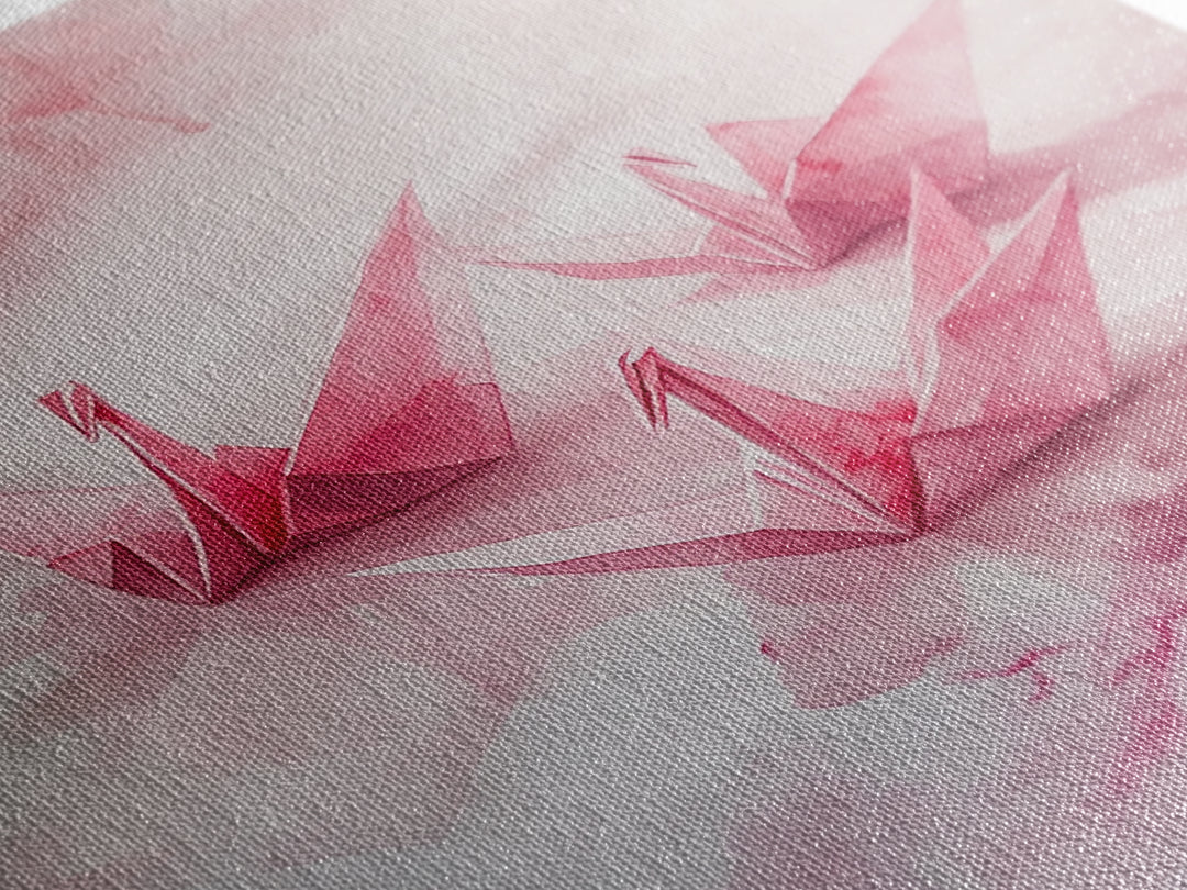 Origami Cranes Canvas Print, Pink Paper Bird Art, Minimalist Zen Decor, Whimsical Artwork Bedroom Wall Art, Japanese-Inspired Gift