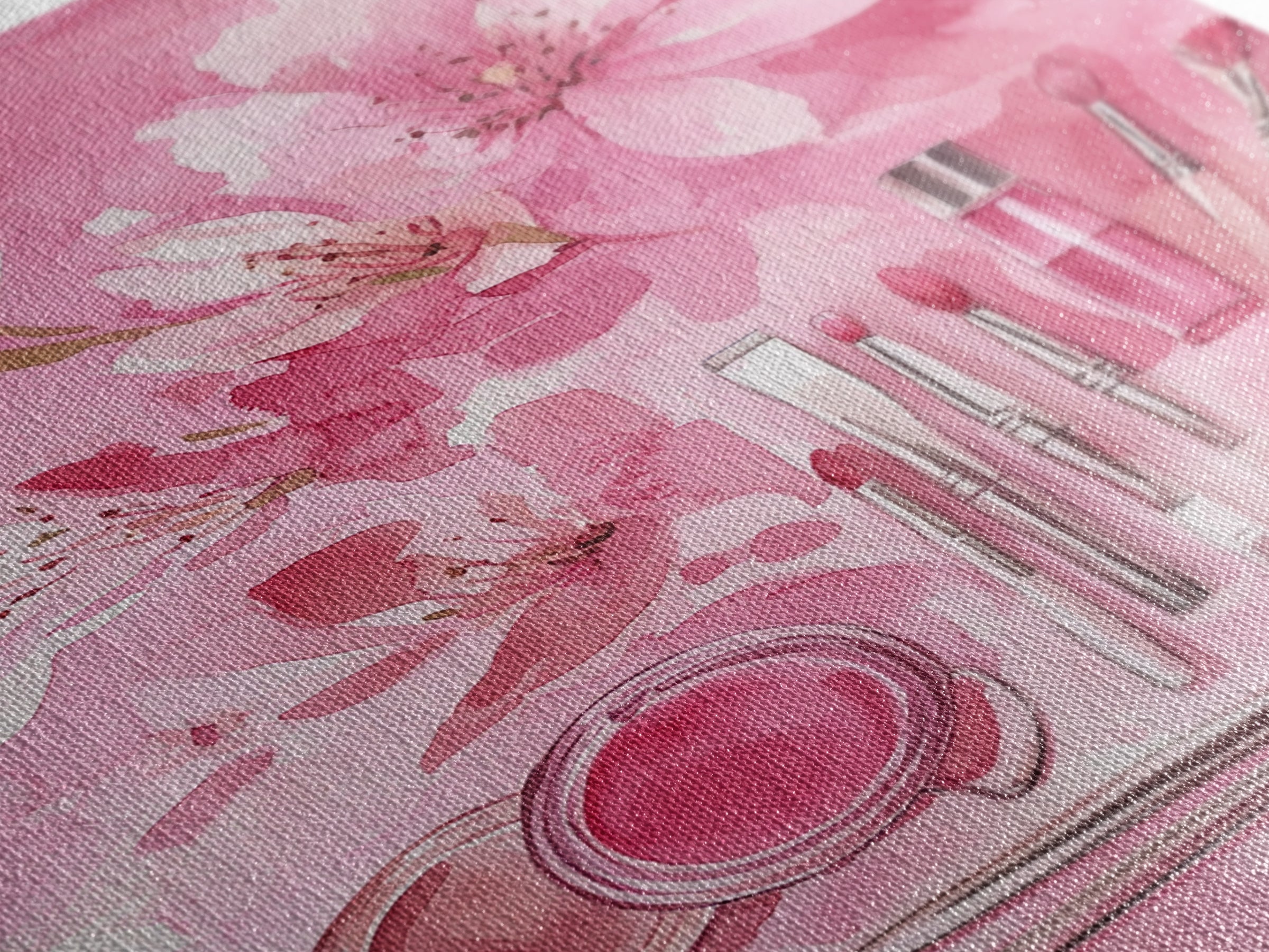 Cherry Blossom Canvas Print Featuring Makeup and Brush Theme Perfect Whimsical and Light Pink Wall Art Bedroom or Bathroom Decor