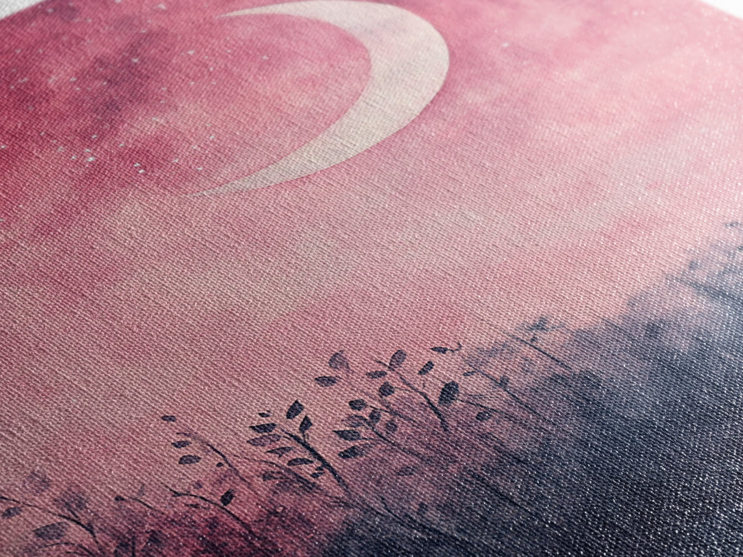 Crescent moon painting on framed canvas print, moody art, pink abstract art, cherry blossom painting, vertical wall art decor