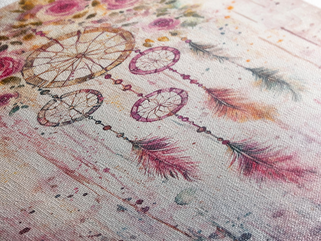 Dreamcatcher with Roses Framed Canvas Print Boho Bedroom Art Botanical Prints Pink Wall Art Light Pink Home Decor Wildflower Painting